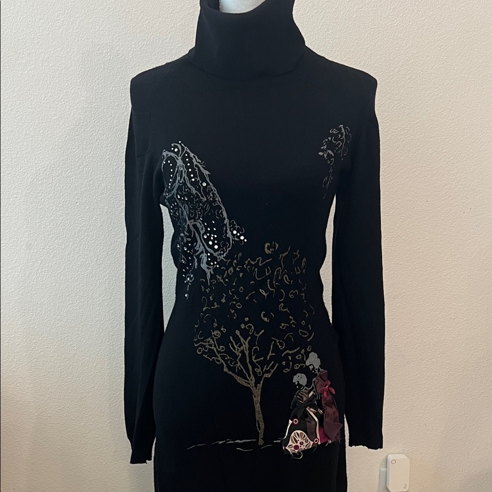 Angela Mele Milano Small Black Turtleneck Sweater Dress with Artistic Tree Print